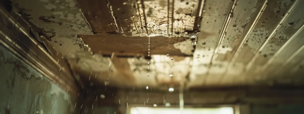 a water-stained ceiling with a visible sagging area, indicating a hidden roof leak issue.