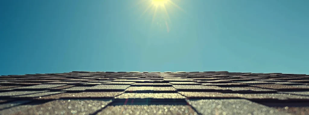 focus on a roof with bright, well-maintained shingles under clear blue skies, showcasing proactive maintenance to prevent future expenses.