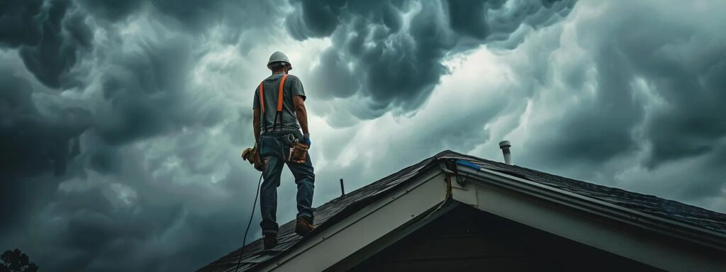 a roofing contractor examining a weathered, storm-damaged roof while dark clouds loom overhead.