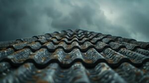 a dramatic close-up of a weathered roof under a stormy sky, illustrating the stark contrast between the durability of quality roofing materials and the looming threat of costly replacements.