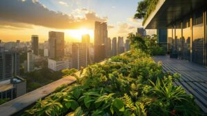 a vibrant, sunlit rooftop adorned with lush greenery and solar panels, showcasing the harmonious blend of eco-friendly technology and natural beauty in urban architecture.