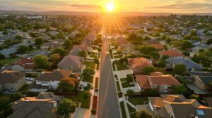 a wide-angle view of a picturesque neighborhood showcasing various-sized roofs under the golden light of dusk, emphasizing the contrast in roofing styles and their potential impact on replacement costs.