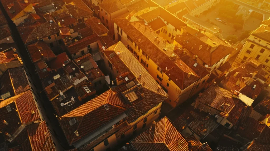 a breathtaking aerial view captures the vibrant hues of historic rooftops under the golden glow of sunset, showcasing a seamless blend of architectural elegance and natural beauty.