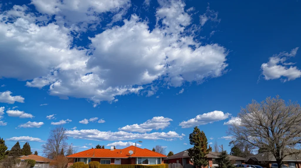 a bright, sunny day showcases a team of skilled professionals meticulously replacing a vibrant red roof on a charming suburban home, with brilliant blue skies contrasting against crisp white clouds.