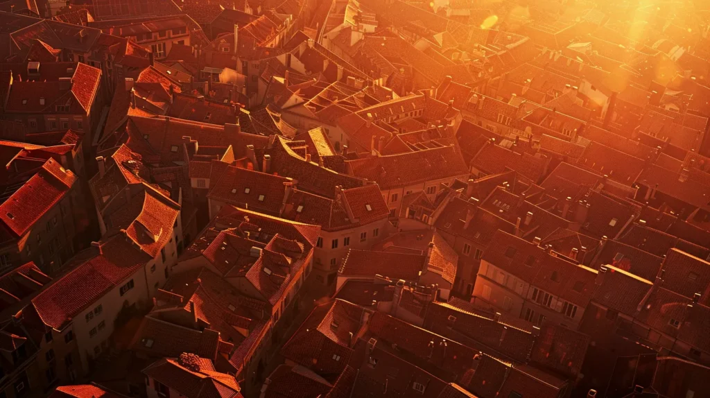 a captivating aerial view of an array of vibrant, textured rooftops in varying shades of red and orange, bathed in the warm golden light of a setting sun, creating a picturesque urban tapestry.