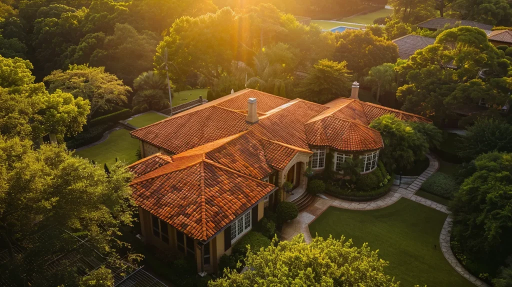 a dramatic aerial view captures a vibrant, freshly installed roof glistening under the golden sunlight, contrasting with the deep blue sky and the surrounding lush greenery.