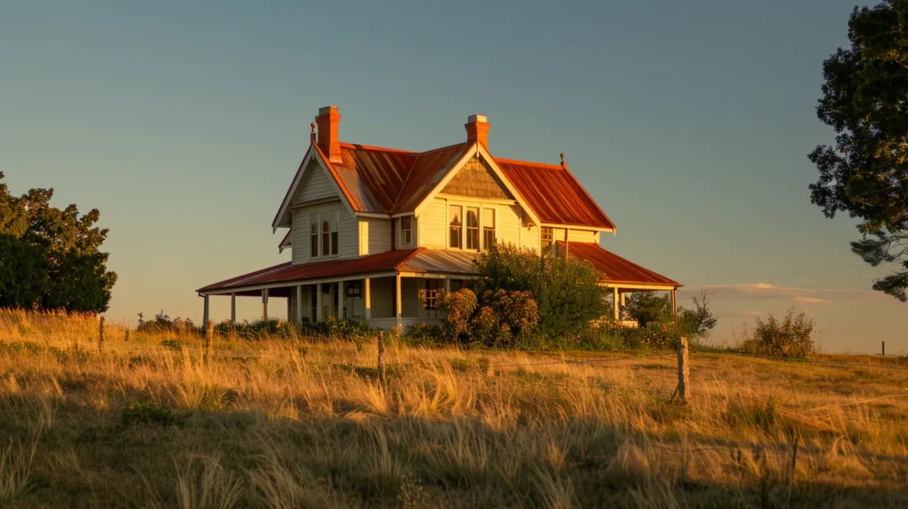 a majestic house with a freshly installed, vibrant red roof glistens under the golden rays of a late afternoon sun, contrasting beautifully against a clear blue sky.