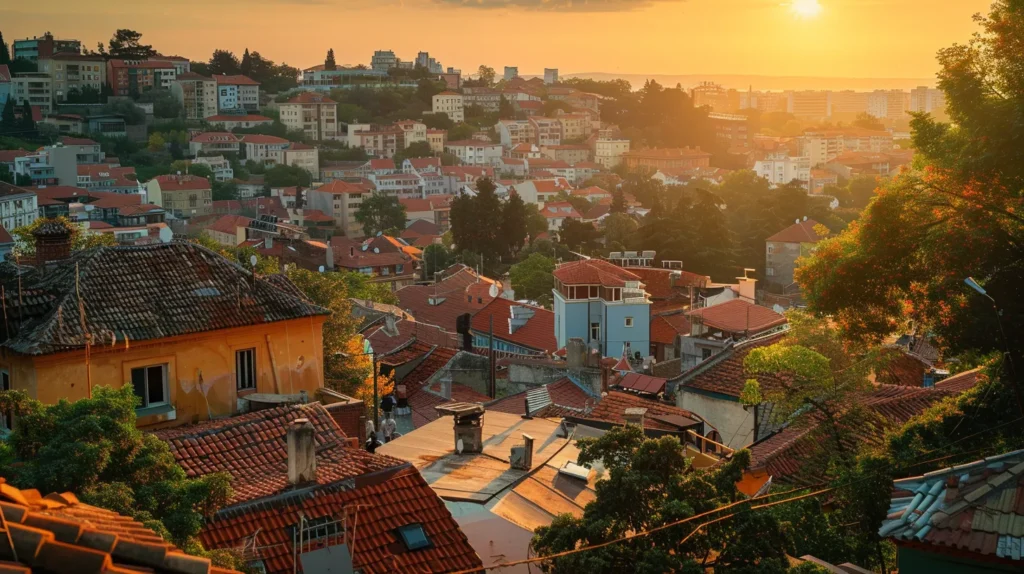 a panoramic view of vibrant rooftops cascading down a hillside, bathed in the golden glow of sunset, creating a stunning tapestry of colors and architectural variety.