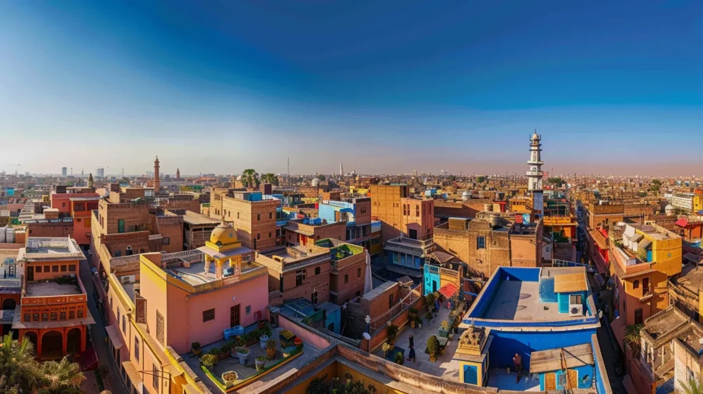 a panoramic view of vibrant, sunlit rooftops cascading over a historic cityscape, showcasing an array of colors and architectural styles under a clear blue sky.