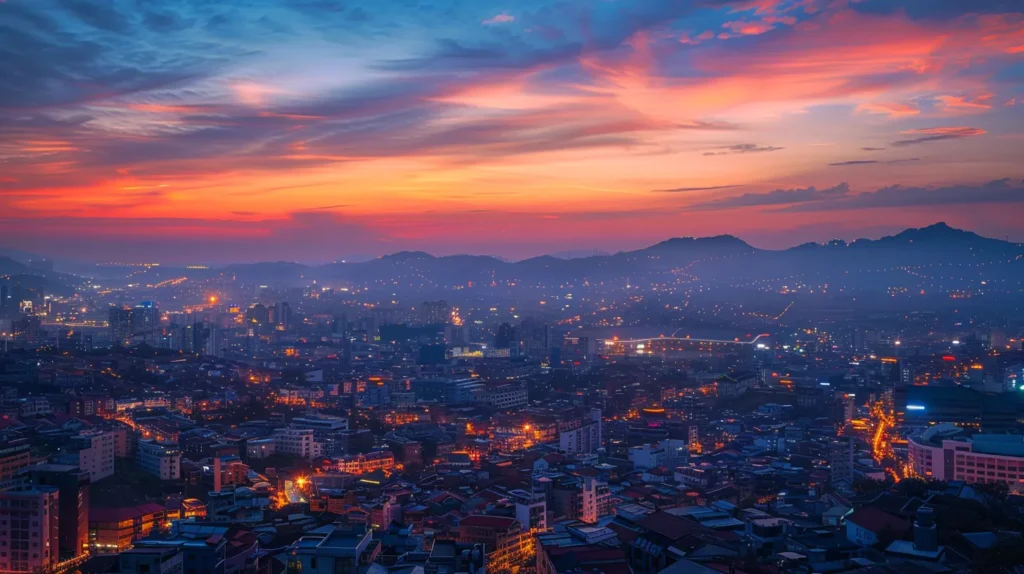 a panoramic view showcases the intricate patterns and vibrant colors of city rooftops illuminated by the warm glow of a sunset, creating a striking contrast against the twilight sky.