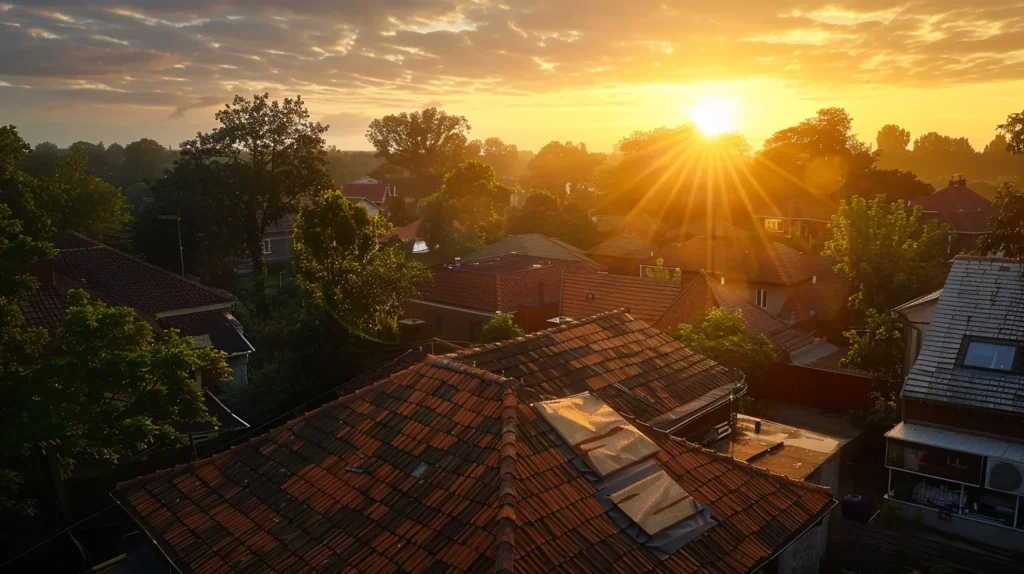 a radiant sunrise casts warm golden light over a house as a skilled team meticulously installs vibrant new shingles on a freshly replaced roof, highlighting the transformation and rejuvenation of the home’s exterior.