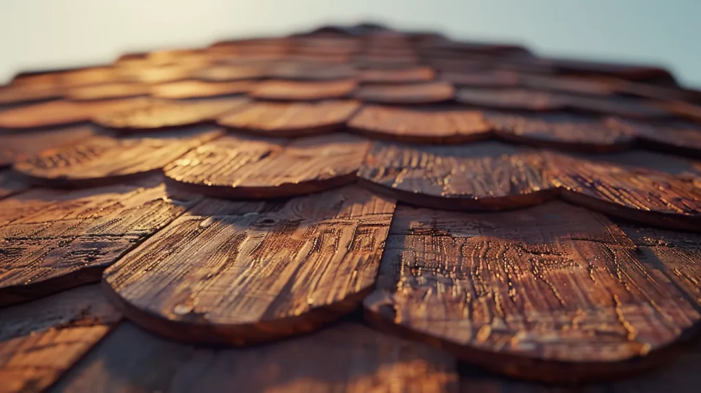 a vibrant and detailed close-up of a freshly installed roof showcasing sleek shingles glistening under the bright afternoon sun, with a backdrop of a clear blue sky.