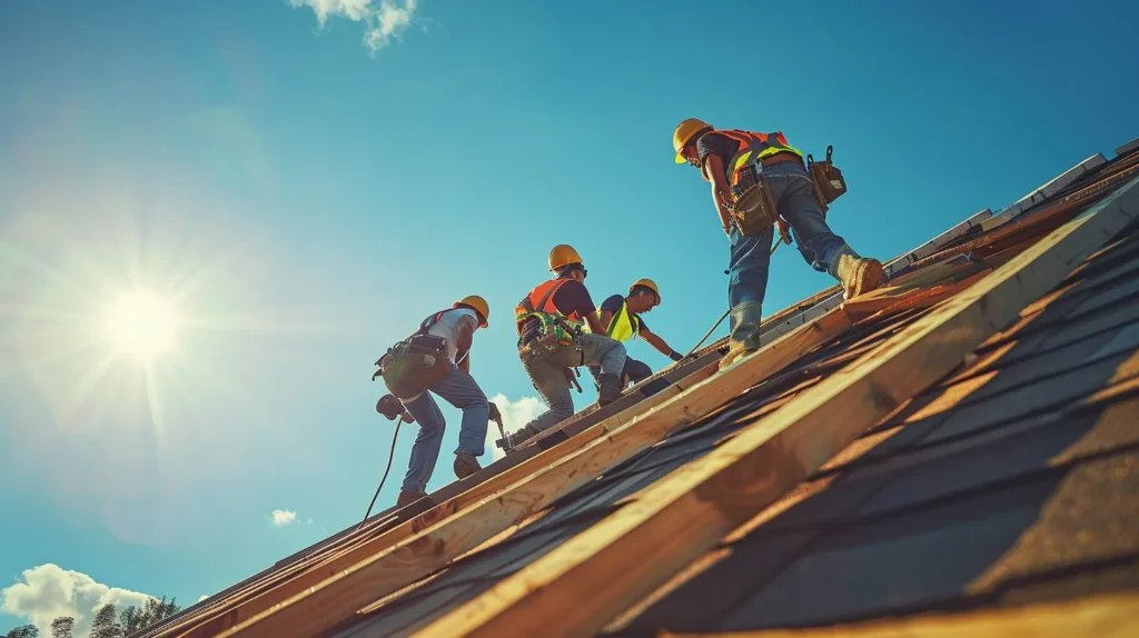 a vibrant and dynamic rooftop scene captures the thrilling process of a cheerful team meticulously replacing shingles under a bright blue sky, with sunlight gleaming off fresh materials, evoking a sense of renewal and craftsmanship.