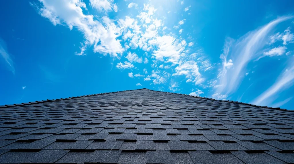 a vibrant blue sky looms over a freshly completed roof replacement, showcasing gleaming shingles that reflect sunlight, symbolizing renewal and protection.