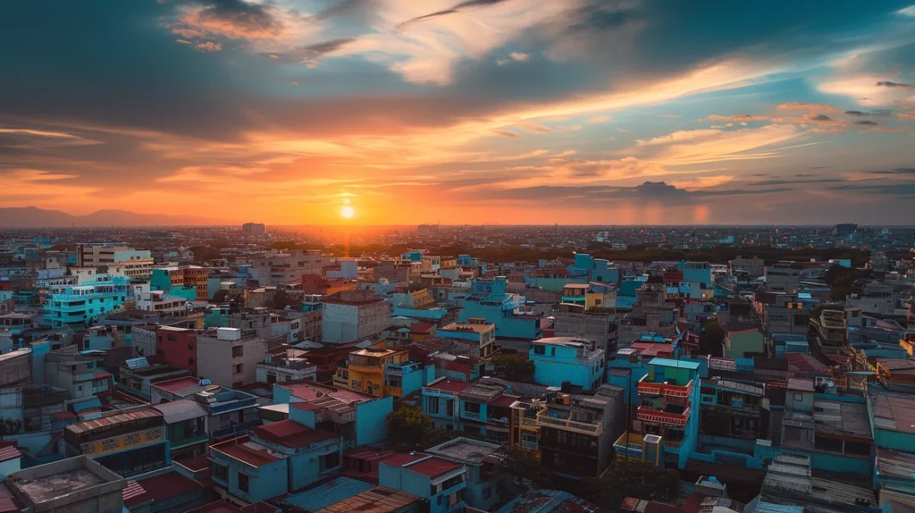 a vibrant panorama of colorful rooftops glistening under a golden sunset, showcasing the contrasting textures and shapes of urban architecture against a fading blue sky.