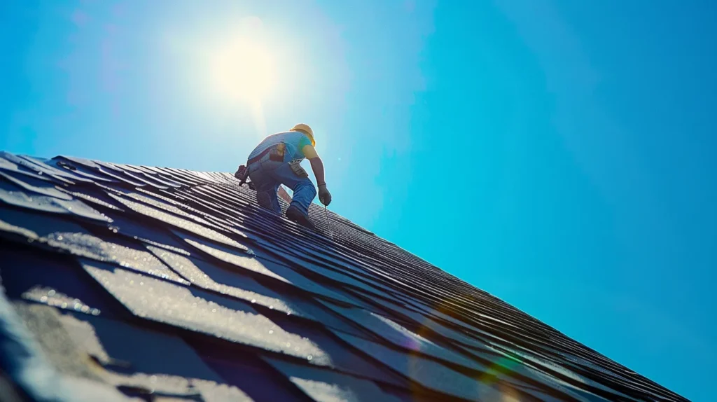 a vibrant scene of a skilled professional installing bright new shingles on a steeply sloped roof under a clear blue sky, showcasing the transformation of a home with fresh materials glistening in the sunlight.