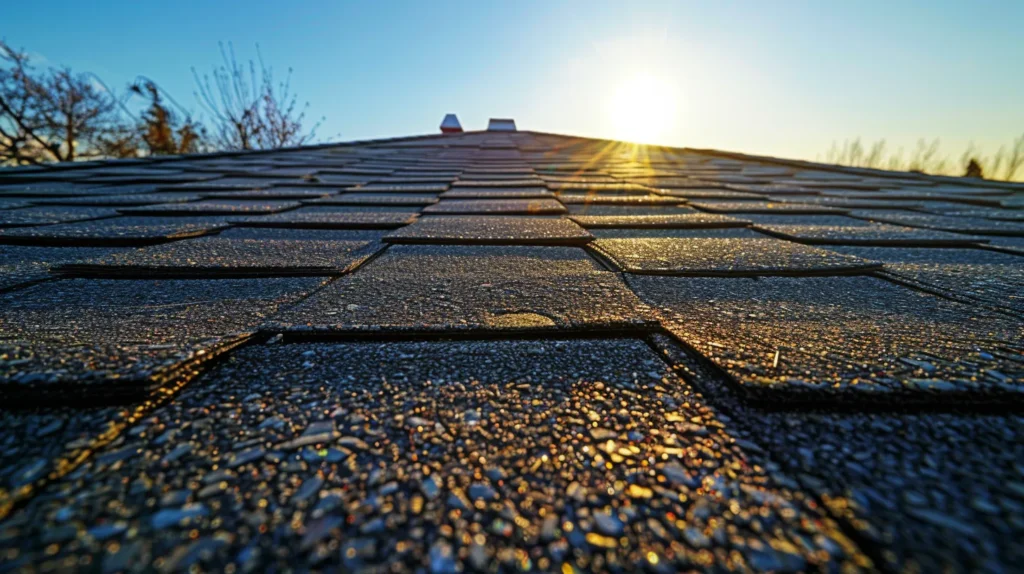 a vibrant scene of a sunlit rooftop in the midst of a meticulous roof replacement, showcasing newly laid shingles contrasting against a clear blue sky.