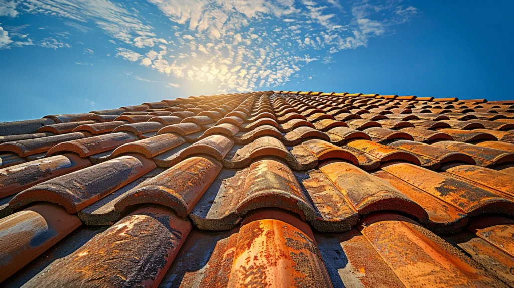 a vibrant, sunlit scene captures a skilled crew methodically replacing a weathered roof with sleek, contemporary shingles, showcasing the intricate interplay of shadows and light against a clear blue sky.