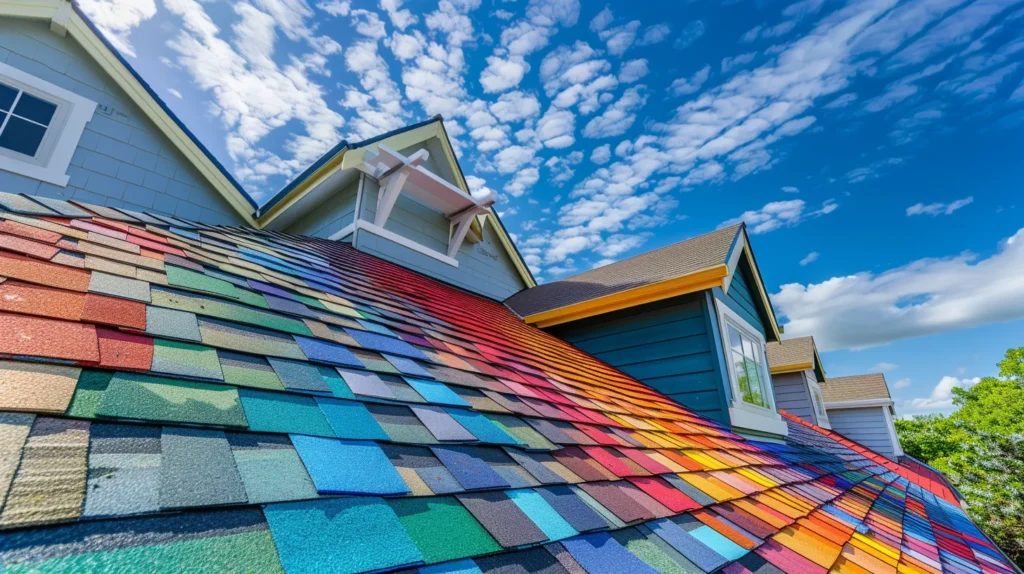 a vibrant, sunlit scene showcasing a skilled roofing team diligently replacing a worn-out roof on a charming suburban home, with colorful shingles stacked neatly and a clear blue sky overhead.