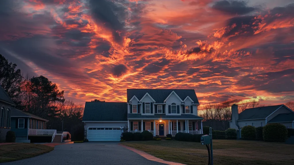 a vibrant sunrise casts a warm glow over a house with freshly replaced shingles, showcasing the transformation and renewed beauty of the home.