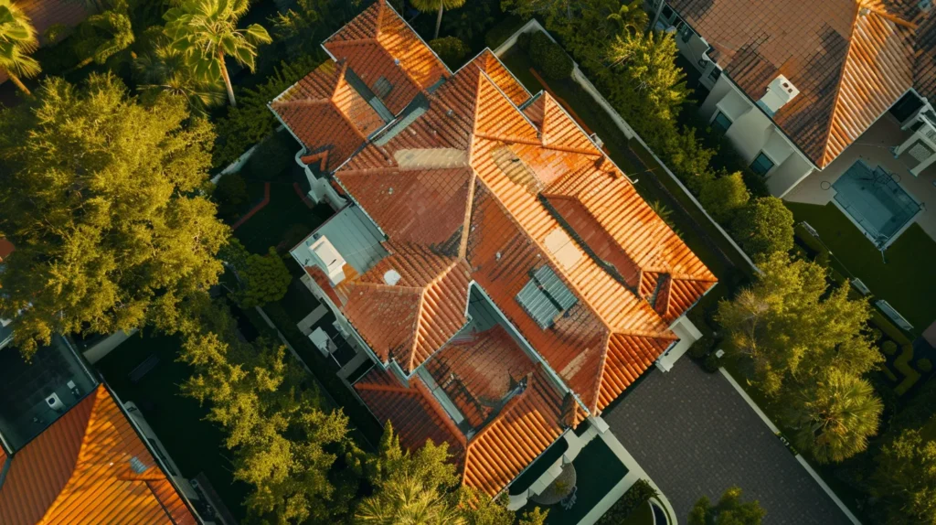 a dramatic aerial view captures a vibrant new rooftop installation on a suburban home, where gleaming shingles reflect the golden sunlight against a backdrop of clear blue skies and lush greenery.