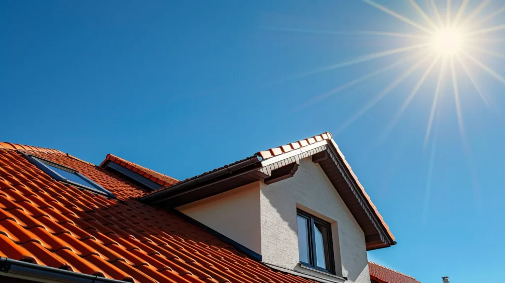 a vibrant scene of a modern home with a striking new roof gleaming under the bright afternoon sun against a clear blue sky, showcasing the transformation and craftsmanship of the roof replacement.