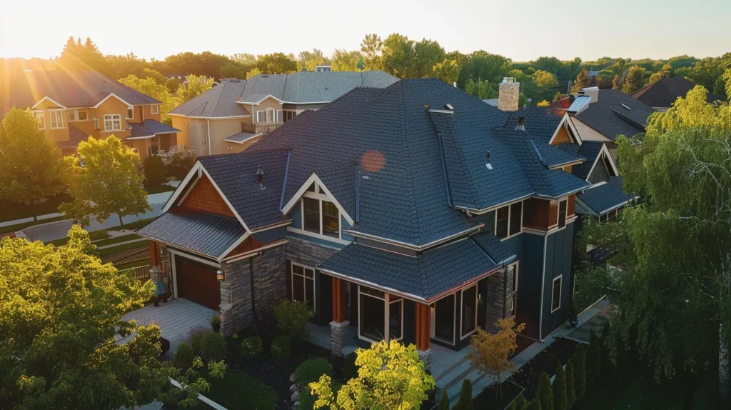 a vibrant, sunlit rooftop adorned with freshly installed, gleaming shingles showcases the transformation of a home, emphasizing durability and modern aesthetics against a clear blue sky.